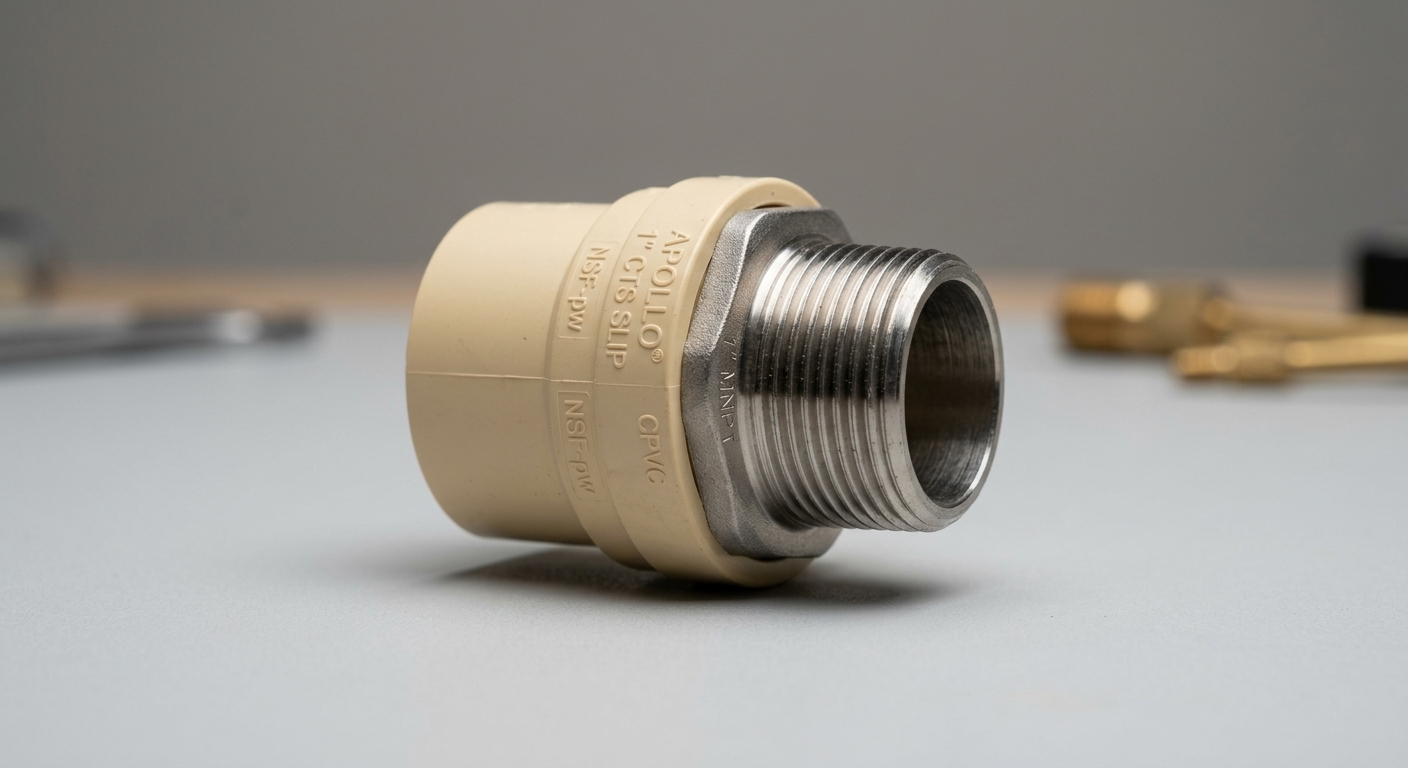 Apollo 1 in. x 1 in. CPVC CTS Slip Stainless Steel MNPT Adapter fitting placed on a workbench next to a yellow CPVC water pipe