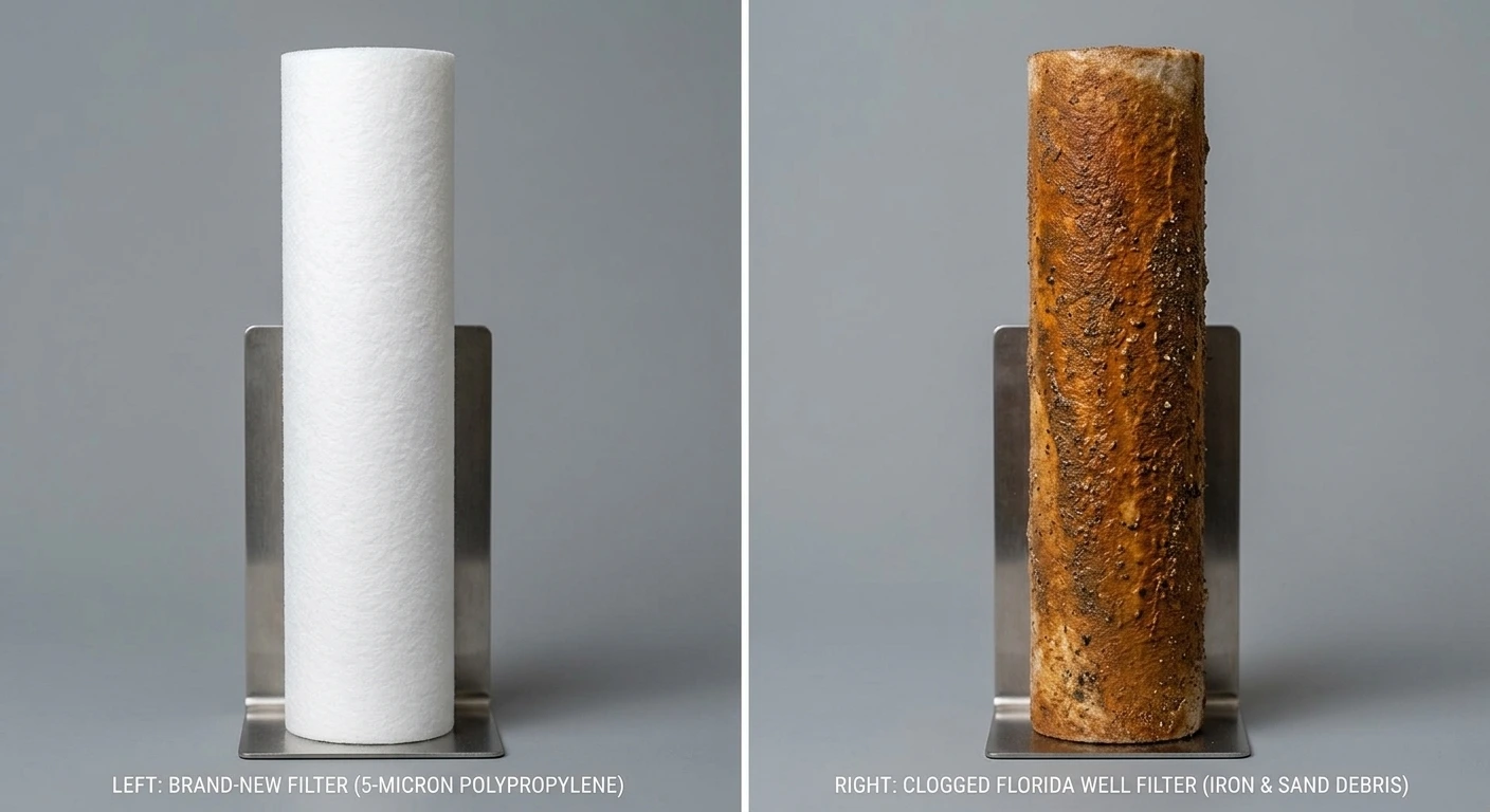 Side-by-side comparison showing a clean white water filter cartridge versus a heavily clogged, rust-stained Florida well filter