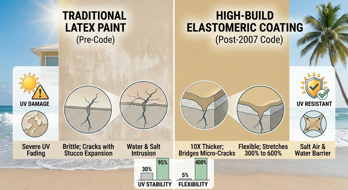 Side-by-side comparison of a coastal Florida home showing severe UV fading on cheap paint vs vibrant finish with elastomeric topcoat