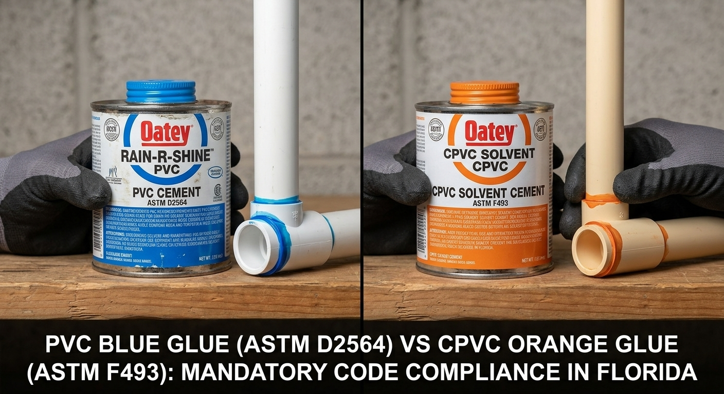Split view visual comparison between a can of Blue Oatey Rain-R-Shine PVC cement and Orange Oatey CPVC solvent cement