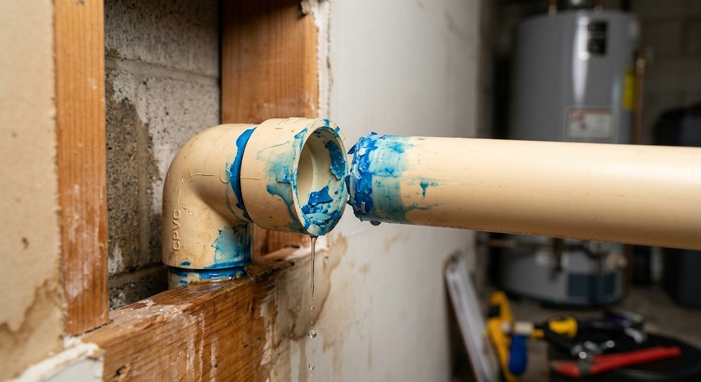 Close-up of a failed CPVC pipe joint in a garage wall showing a distinct blue solvent cement ring separated from a yellowed CPVC fitting