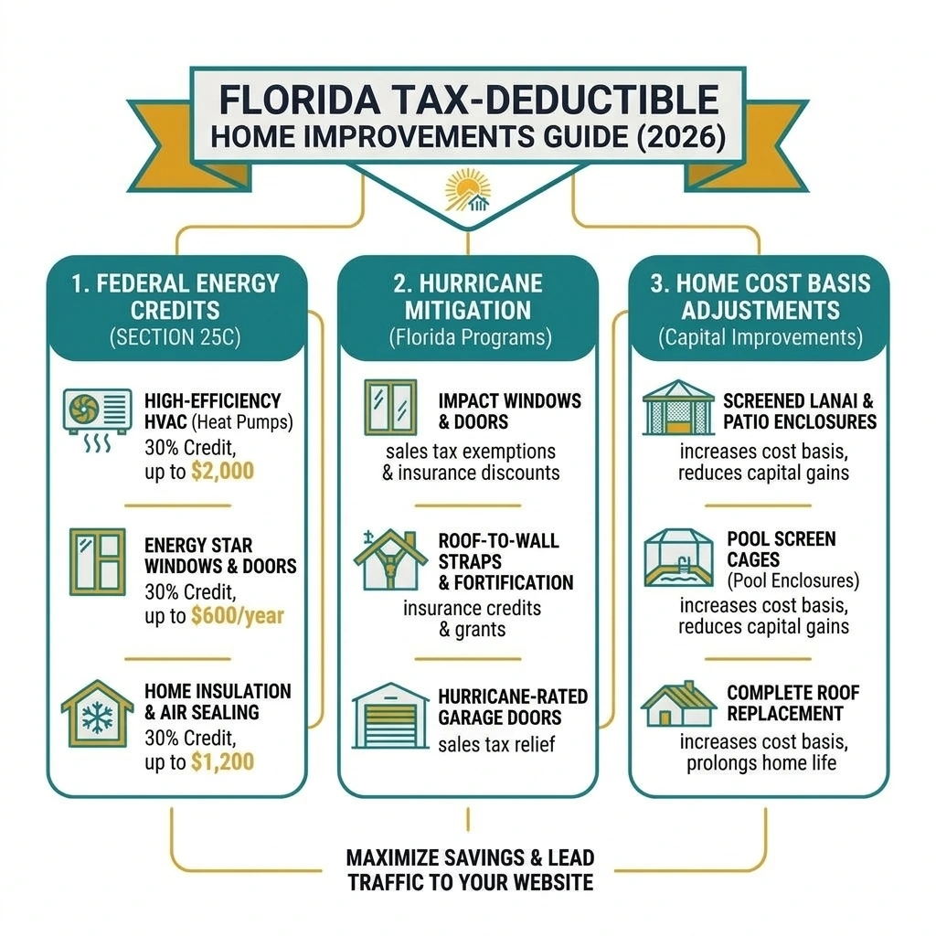 Florida tax deductible home improvements infographic showing energy efficiency credits, hurricane mitigation grants, and home cost basis adjustments