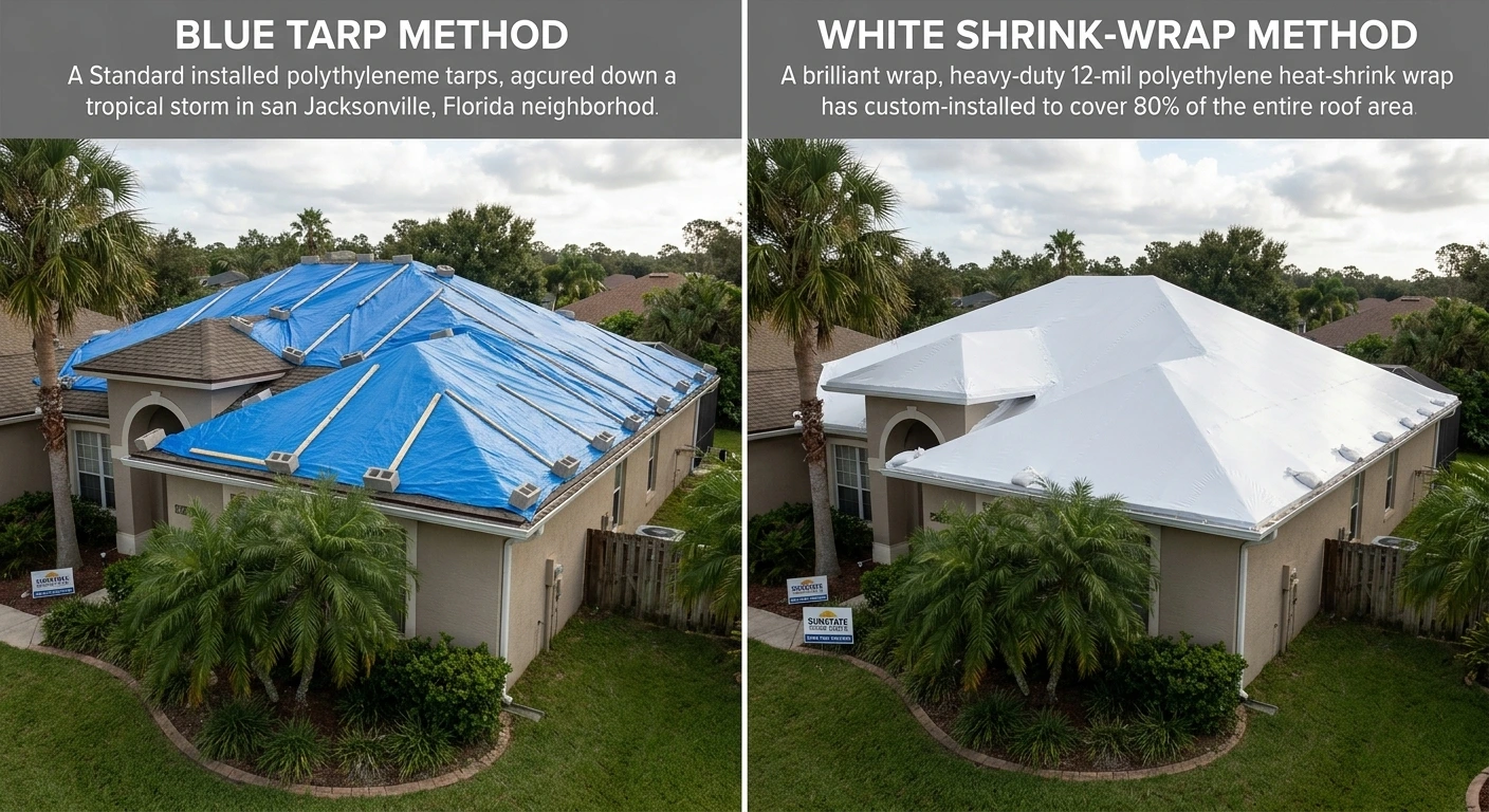 Comparison showing a traditional blue tarpaulin secured with wooden strips versus a clean white heat-shrink wrap installation on a residential roof