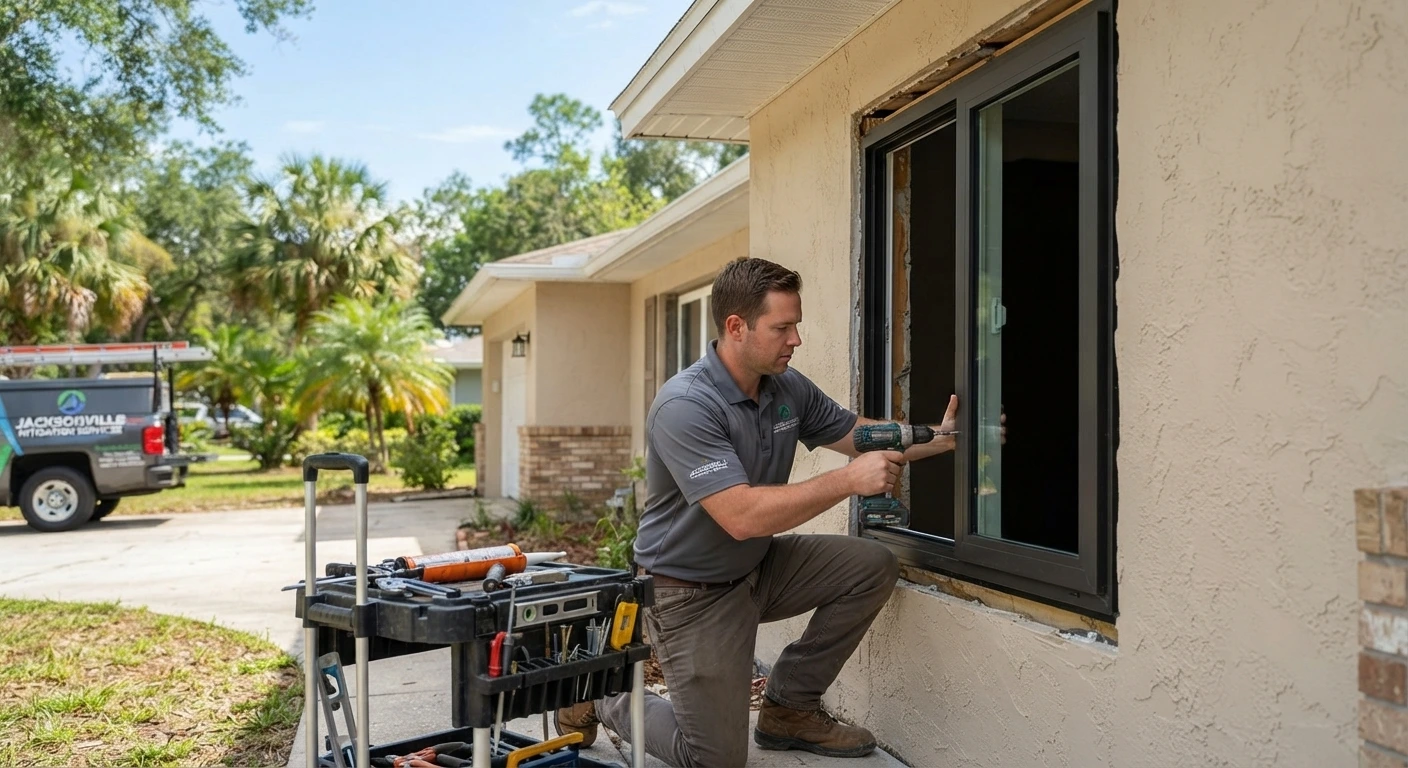 Contractor executing wind mitigation and impact window installation on a Florida home